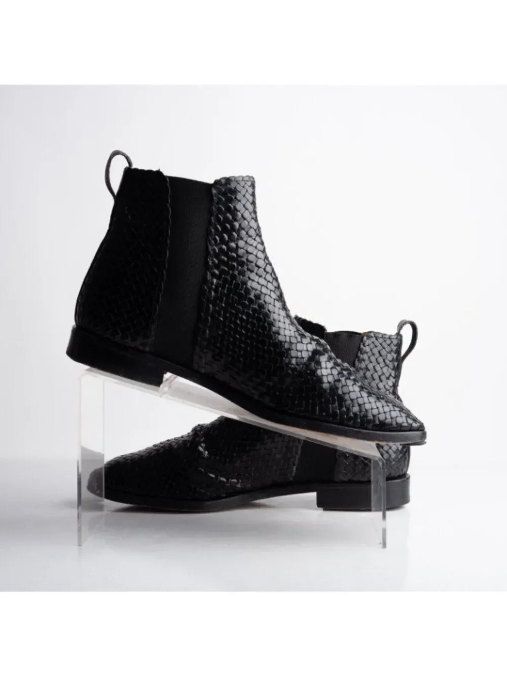 Charles Jourdan Vintage Ankle boots Mens Leather Woven Black Braided US 8 EU 42